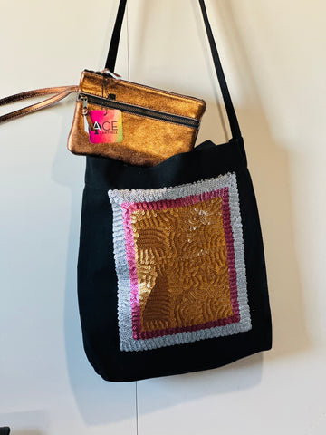 SS CANVAS TOTE WITH SEQUINS & LEATHER POUCH
