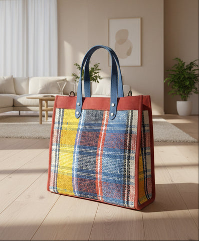 SS102 Leather and wool plaid shopper