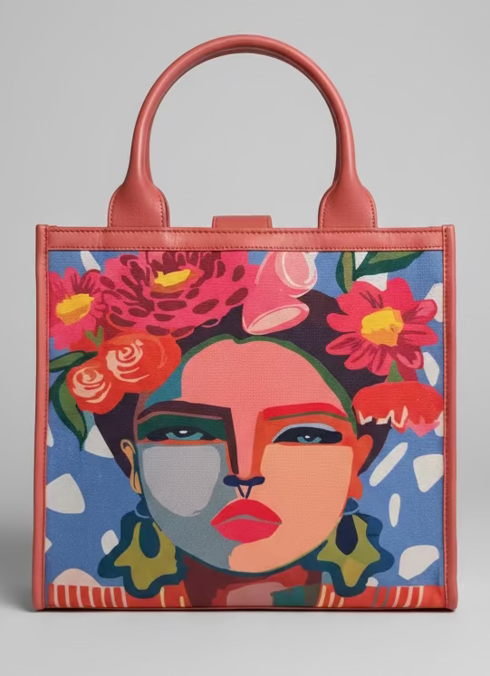 SS84 leather & canvas printed tote with sequins
