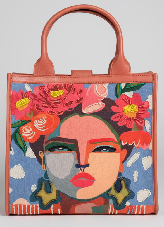 SS84 leather & canvas printed tote with sequins