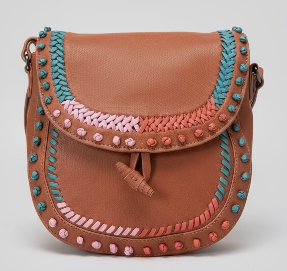 SS91 washed leather crossbody with whipstitch and knotting details