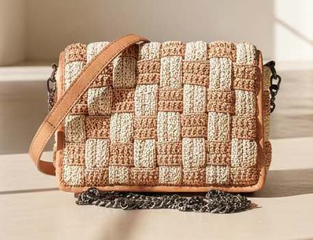 SS90 leather crossbody with intricate checkerboard weave flap