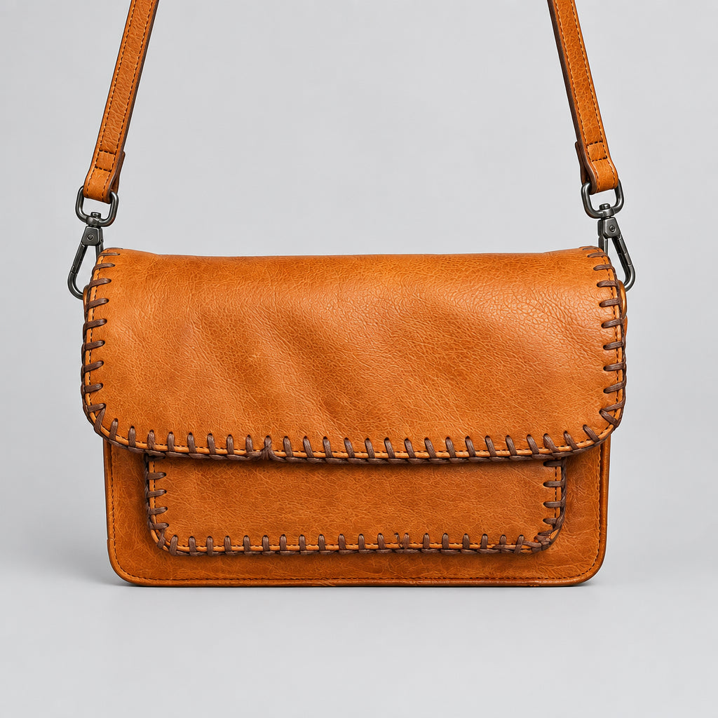 SSV washed cow leather crossbody with whipstitch detail