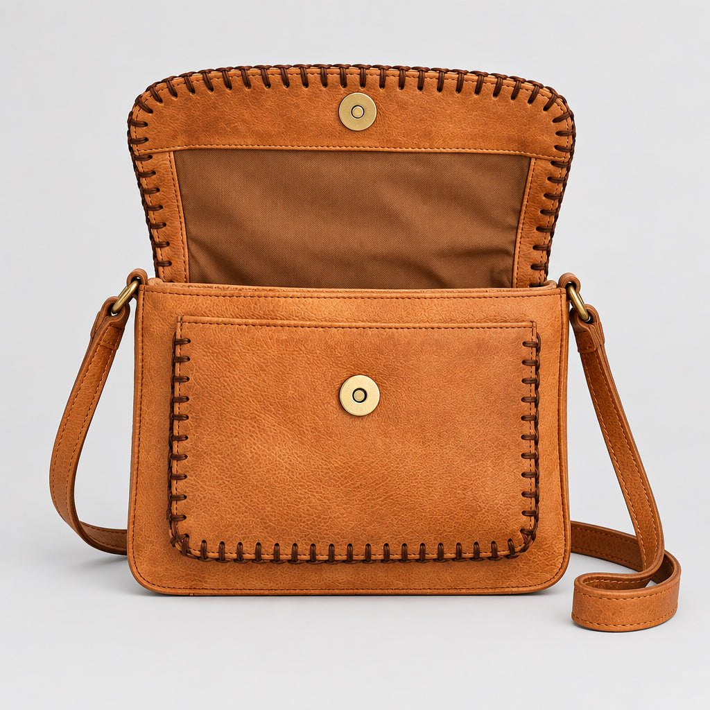 SSV washed cow leather crossbody with whipstitch detail