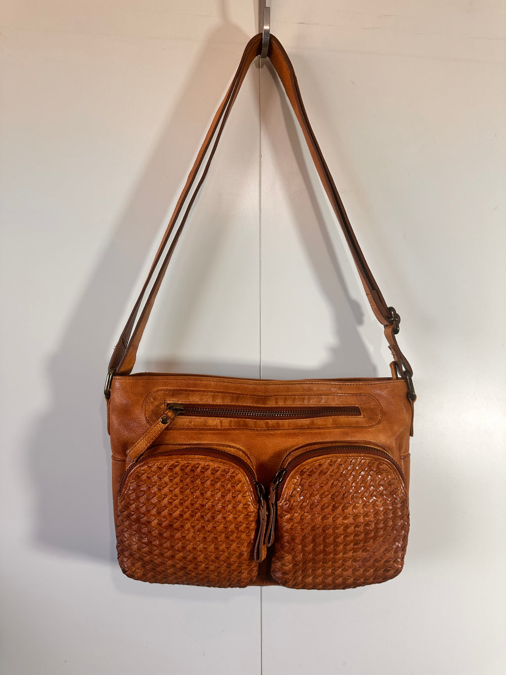 SS43 antique washed Cow double pocket crossbody free shipping within the USA