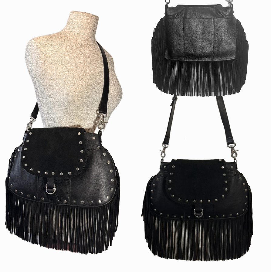 SS90 leather fringe and studs large crossbody