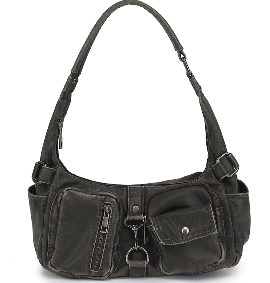 AB300 distressed washed shoulder bag with cargo pockets