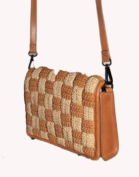 SS90 leather crossbody with intricate checkerboard weave flap