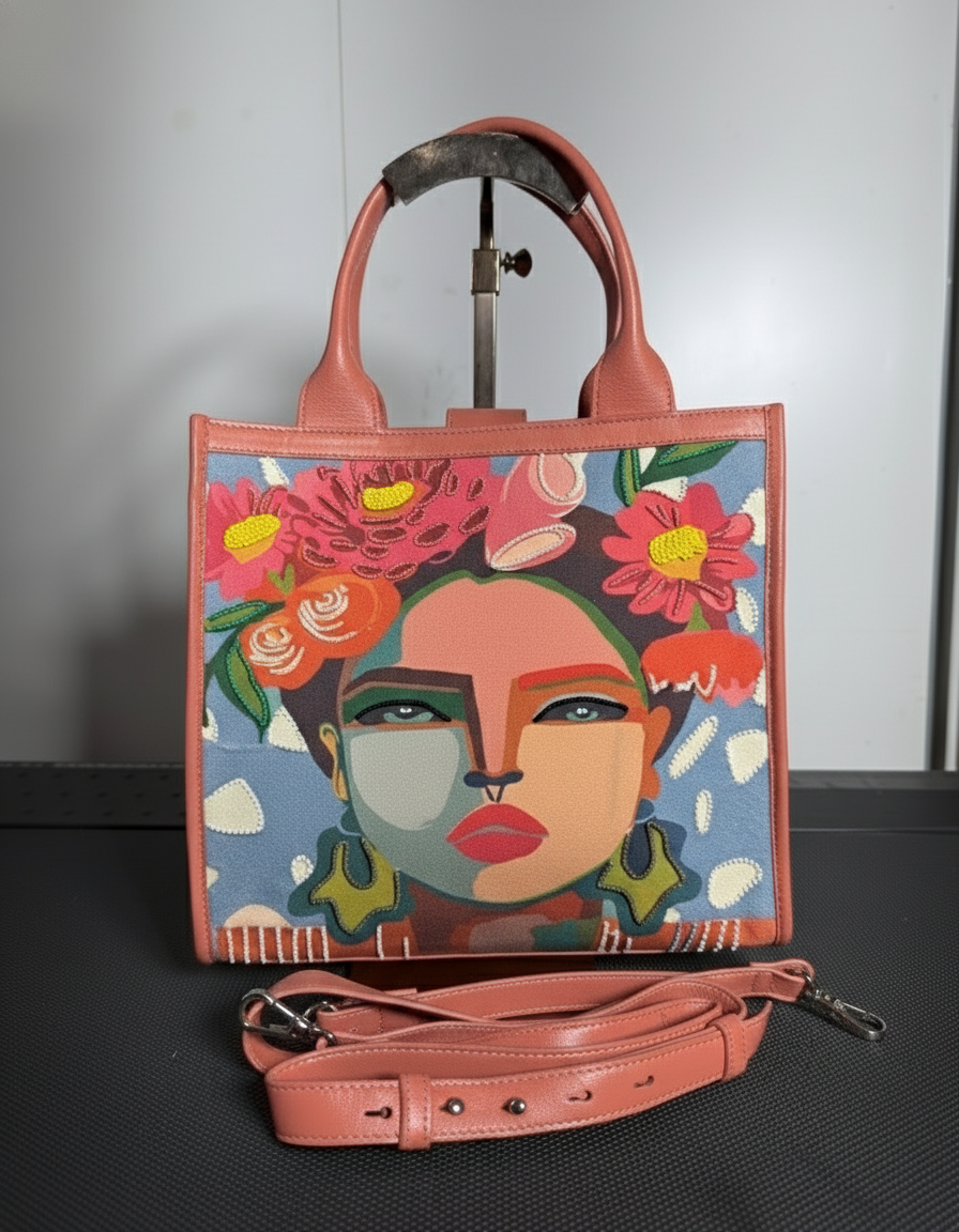 SS84 leather & canvas printed tote with sequins