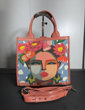 SS84 leather & canvas printed tote with sequins