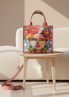 SS84 leather & canvas printed tote with sequins