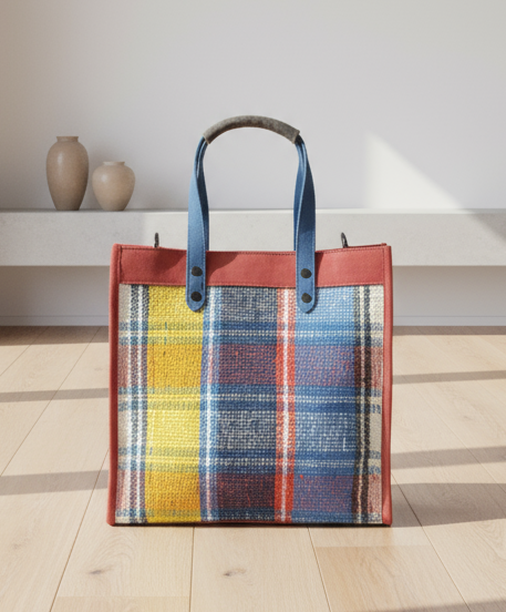 SS102 Leather and wool plaid shopper